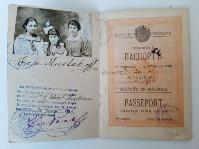 דרכון / פספורט בולגרי מוקדם משנת 1917 של משפחת יהודים שם האם רוזה. בדפי הדרכון חתימות של אשרות רבות.