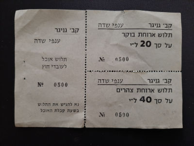 שובר עם 2 תלושי תשלום 20 ל"י לארוחת בוקר ותלוש 40 ל''י לארוחת צהרים בצבע ירקרק של קב' גניגר 