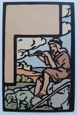 גלויה ישנה מאד בהדפסת ליטו עיצוב /ציור זאב רבן בצלאל.