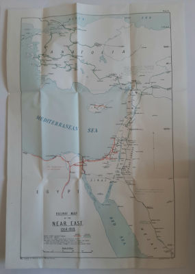 מפה גדולה משנת 1929 מפה של מסילות הרכבת ארץ ישראל והמזרח הקרוב מהשנים 1914-1919. מפה במצב טוב 