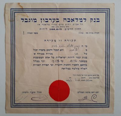 מניה, אמצעי תשלום - בנק למלא כה בע"מ. משנת 1963.