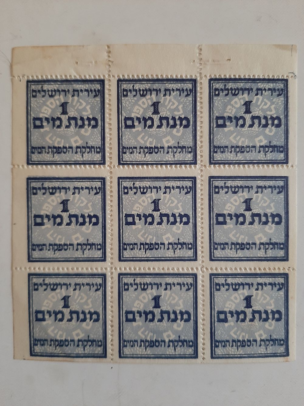 נדיר ביותר - אמצעי תשלום - גליון שלם של 9 אמצעי תשלום - מנת מים. עירית ירושלים בתקופת המצור.