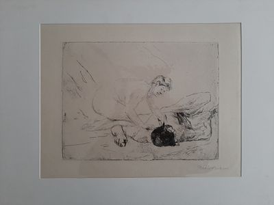 מקס ליברמן Max Liebermann - צייר יהודי גרמני. תחריט , שמשון ודלילה חתום בעיפרון. גודל פספרטו 