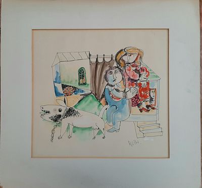 לאו רוט - טכניקה מעורבת על נייר, חתום. נתוח בפספרטו. גודל פספרטו 50&times;48 ס"מ ציור 