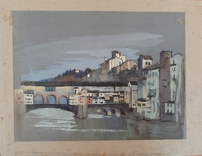 לא מזוהה - ציור נוף אירופאי, אקריליק על קרטון. גודל ציור 30&times;22 ס"מ מודבק לקרטון גודל הקרטון 