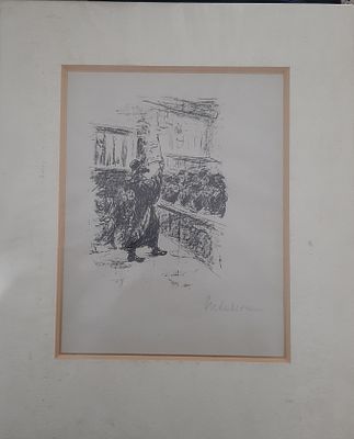 מקס ליברמן Max Liebermann - צייר יהודי גרמני. ליטוגרפיה , הגבהת התורה, חתום בעפרון. גודל פספרטו 