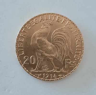 20 פרנק צרפת, מטבע זהב 900, פרנק שנת 1914. משקל 6.5 גרם. . עמלה על מטבע זה 10% בלבד.