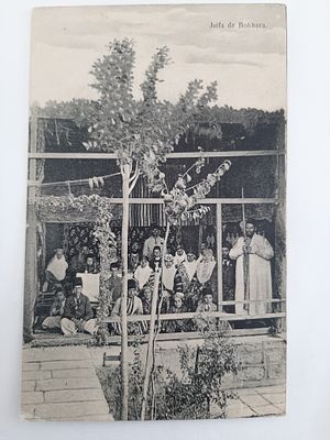 גלויה עתיקה משפחה יהודית בבוכרה בסוכה. חג סוכות. גלויה מסביבות 1920.