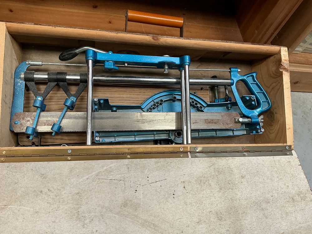 Lot 173: A Richmond Precision Mitre Saw and Wooden Storage...
