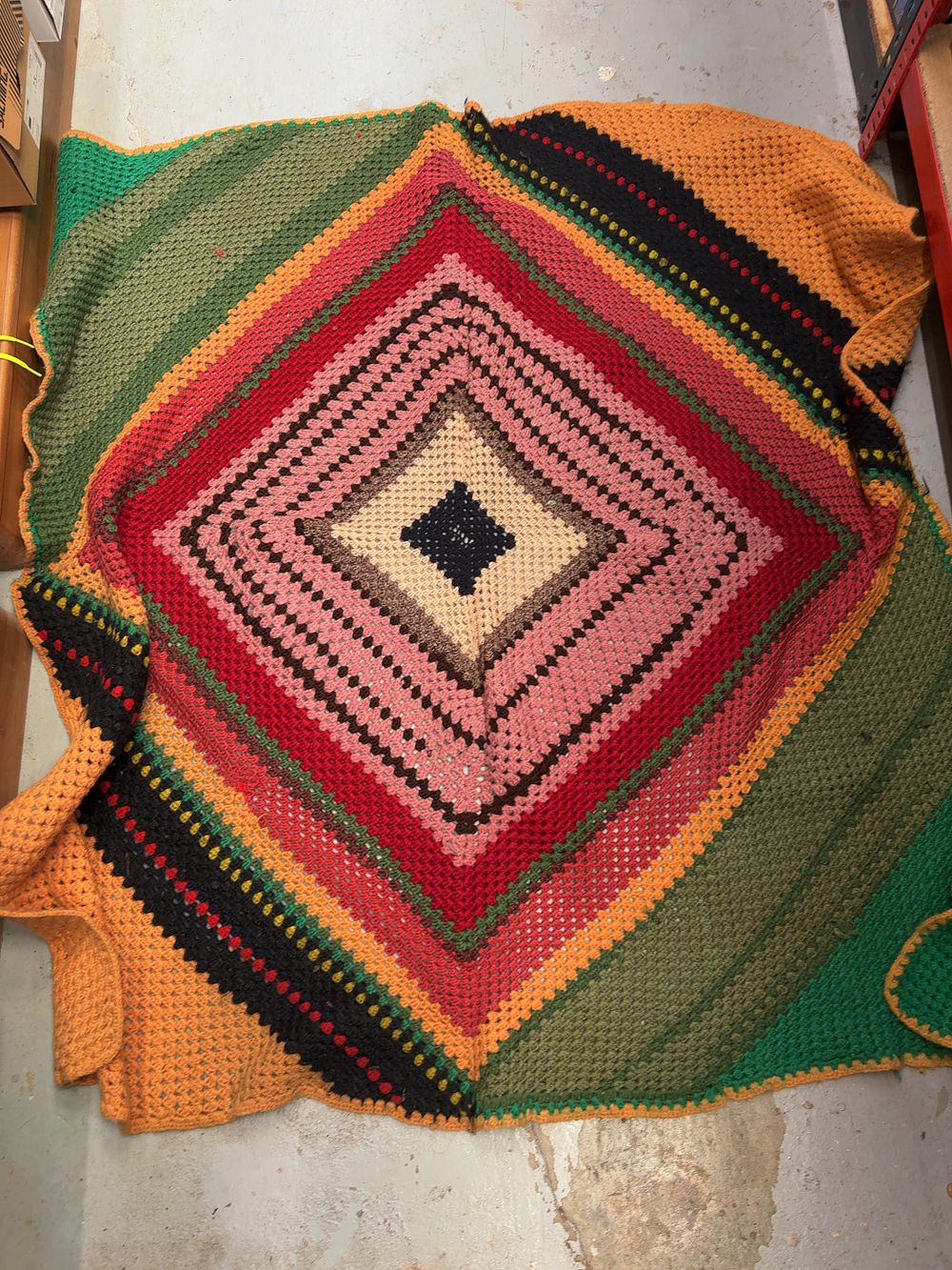 Lot 182: Large Vintage Handmade Multi-Colour Crocheted Afghan Throw Blanket