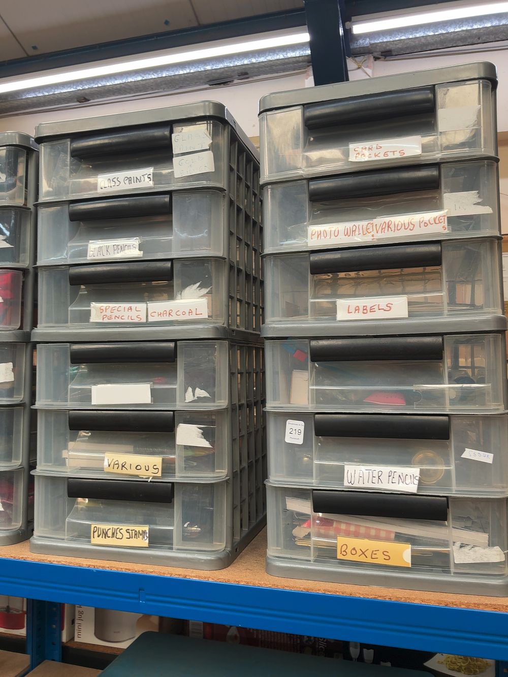 Lot 219: A Collection of Modular Plastic Storage Drawer Units and Assorted Art and Craft Supplies