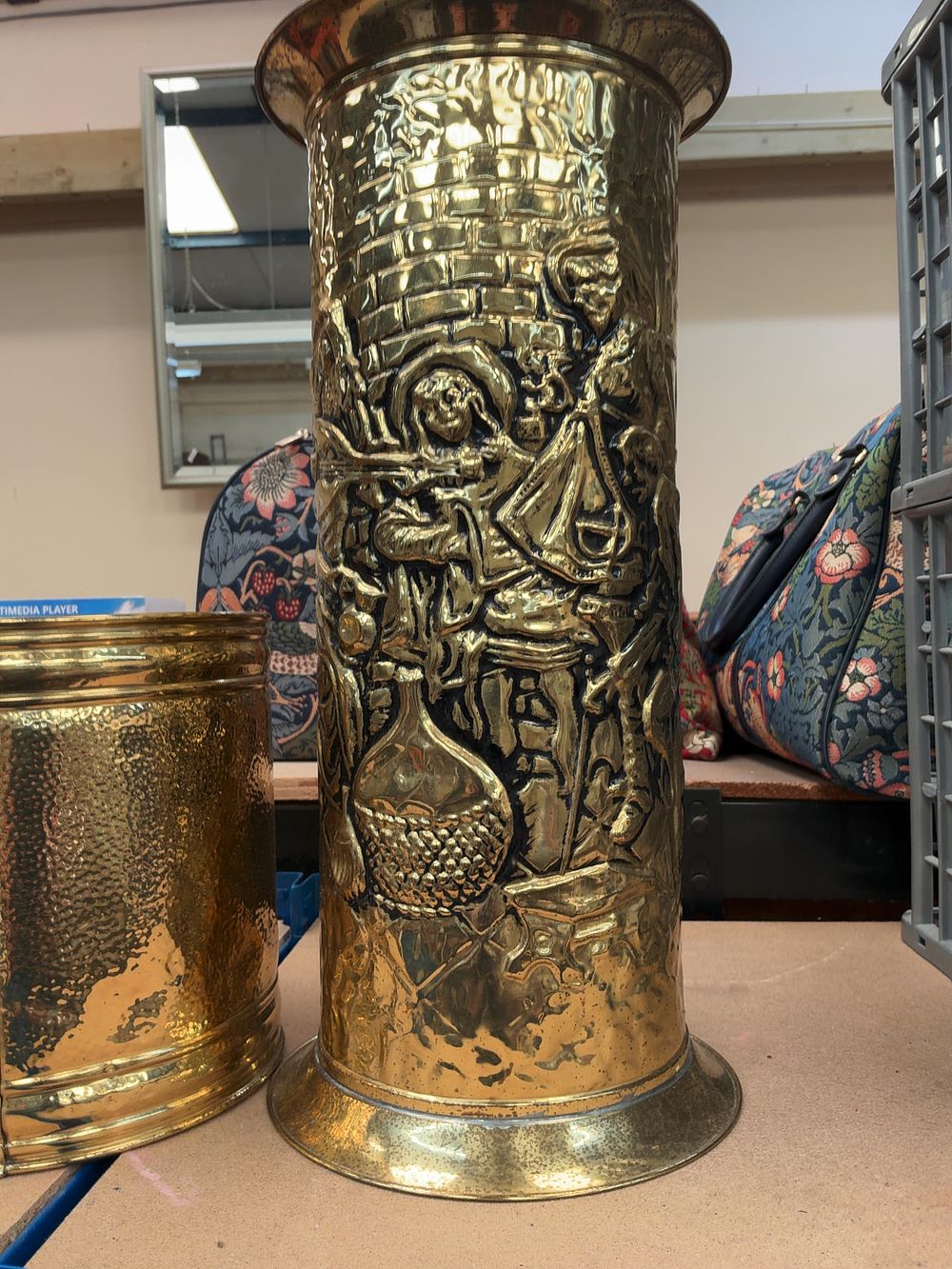 Lot 233: Two Pieces of Decorative Brassware Comprising an Embossed Umbrella Stand and a Hammered Bucket
