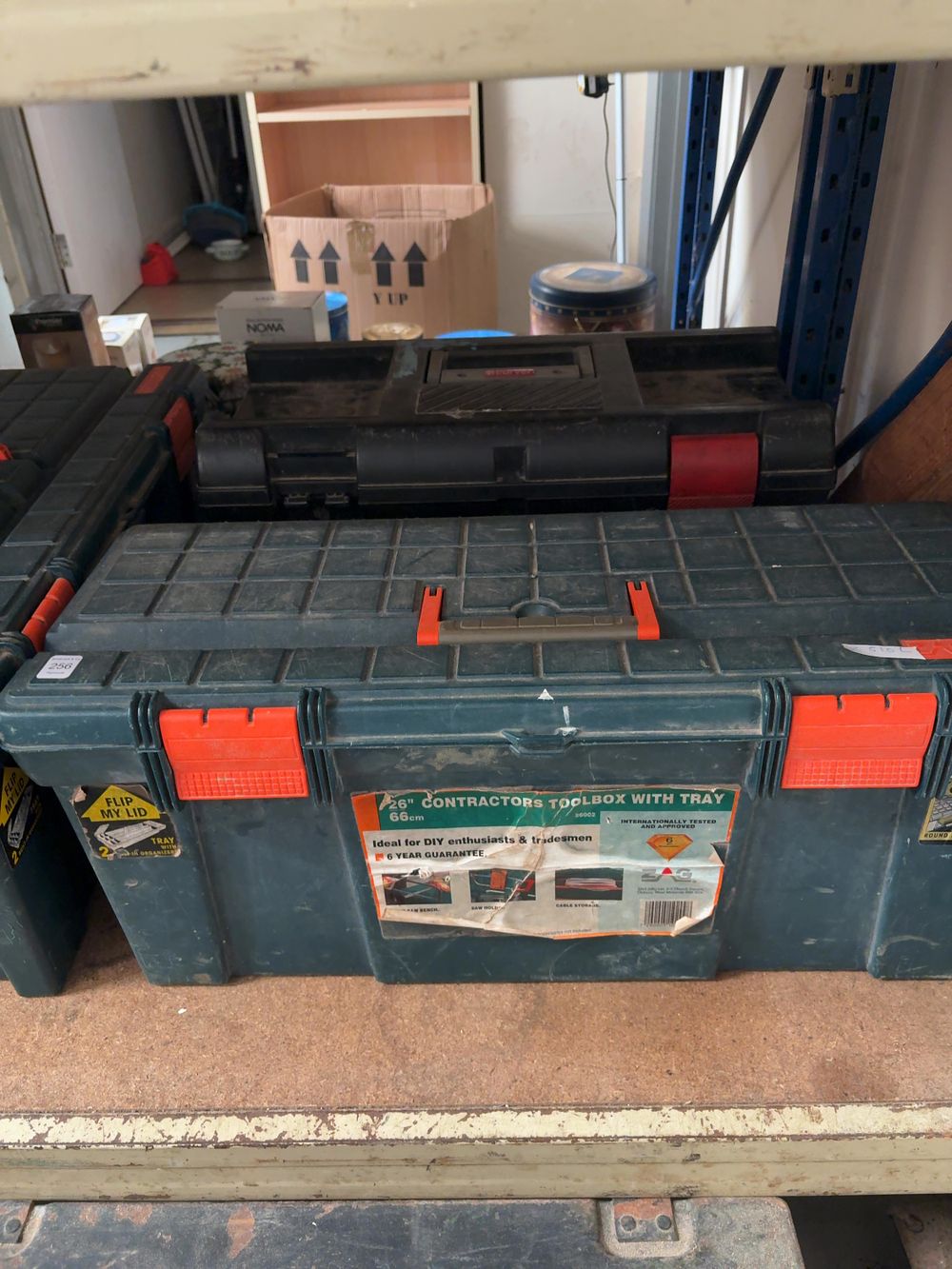 Lot 256: A Collection of Toolboxes and Hardware including a ZAG Contractors Toolbox and a Vintage Metal Chest