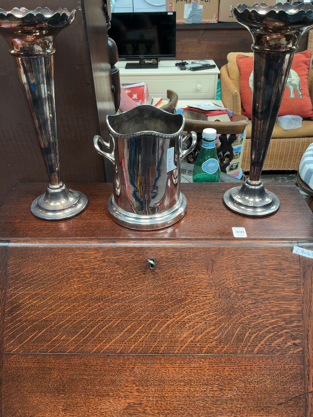 Lot 301: A Trio of Silver-plated Items Comprising a Pair of Trumpet Vases and a Wine Cooler