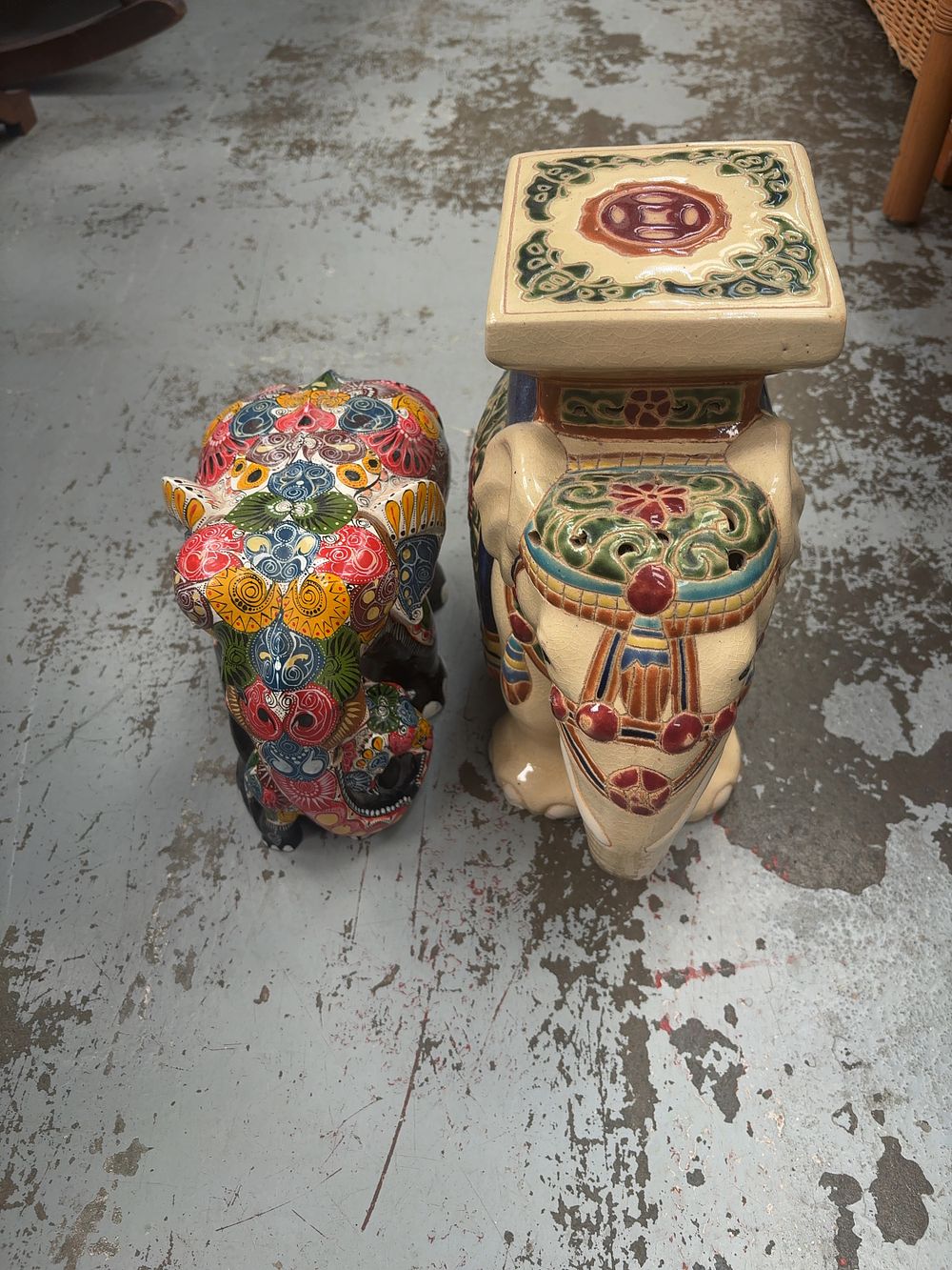 Lot 349: Two elephant figures comprising a garden stool and a smaller companion figure