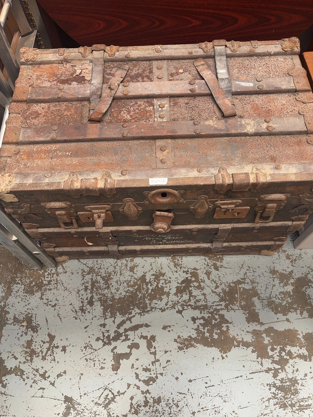 Lot 352: Antique British Colonial Steamer Trunk Associated with HM Naval Base Singapore