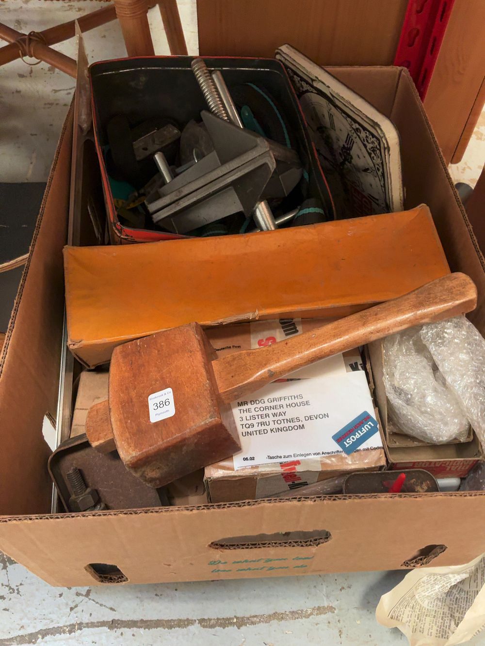 Lot 386: A Collection of Workshop Tools and Hobbyist Items Including a Wooden Mallet and Corner Clamp