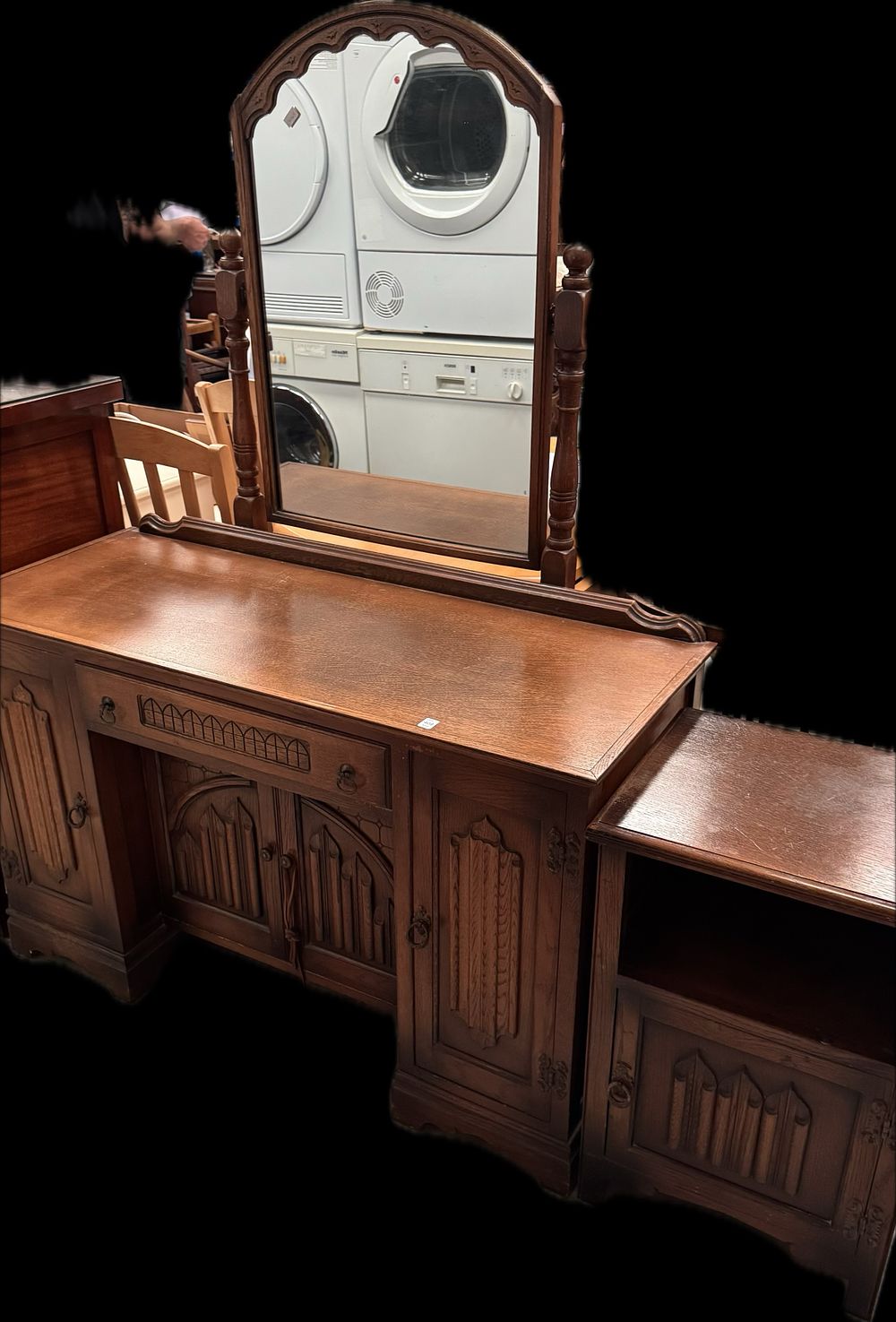 Lot 408: Two pieces of Jacobean Revival style oak bedroom furniture in the style of Wood Bros Old Charm