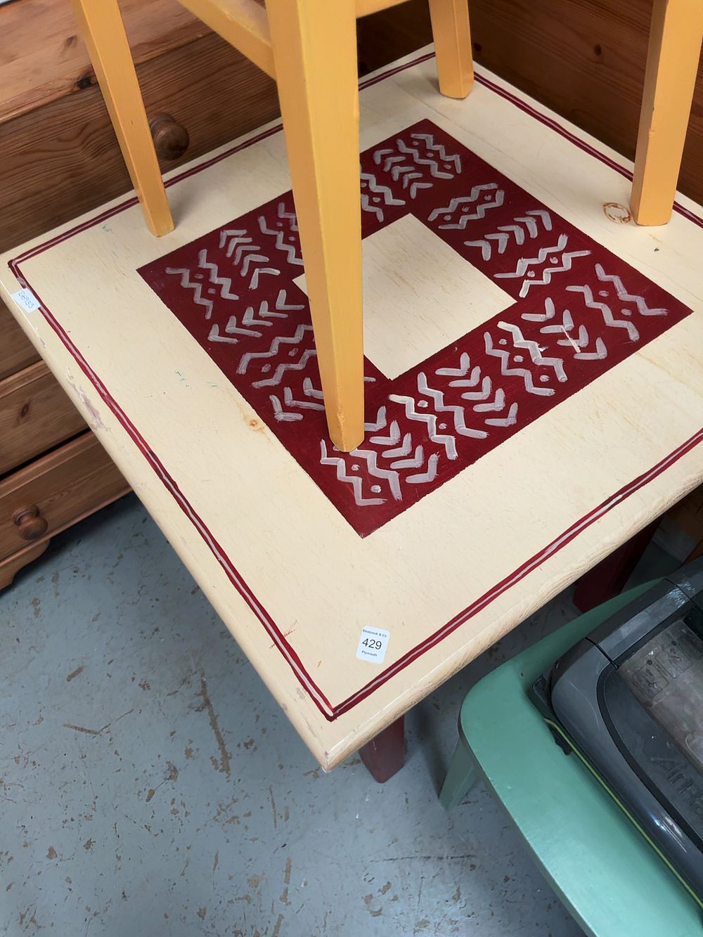 Lot 429: A Set of Folk-Art Style Painted Wooden Furniture comprising a Square Table and Three Chairs