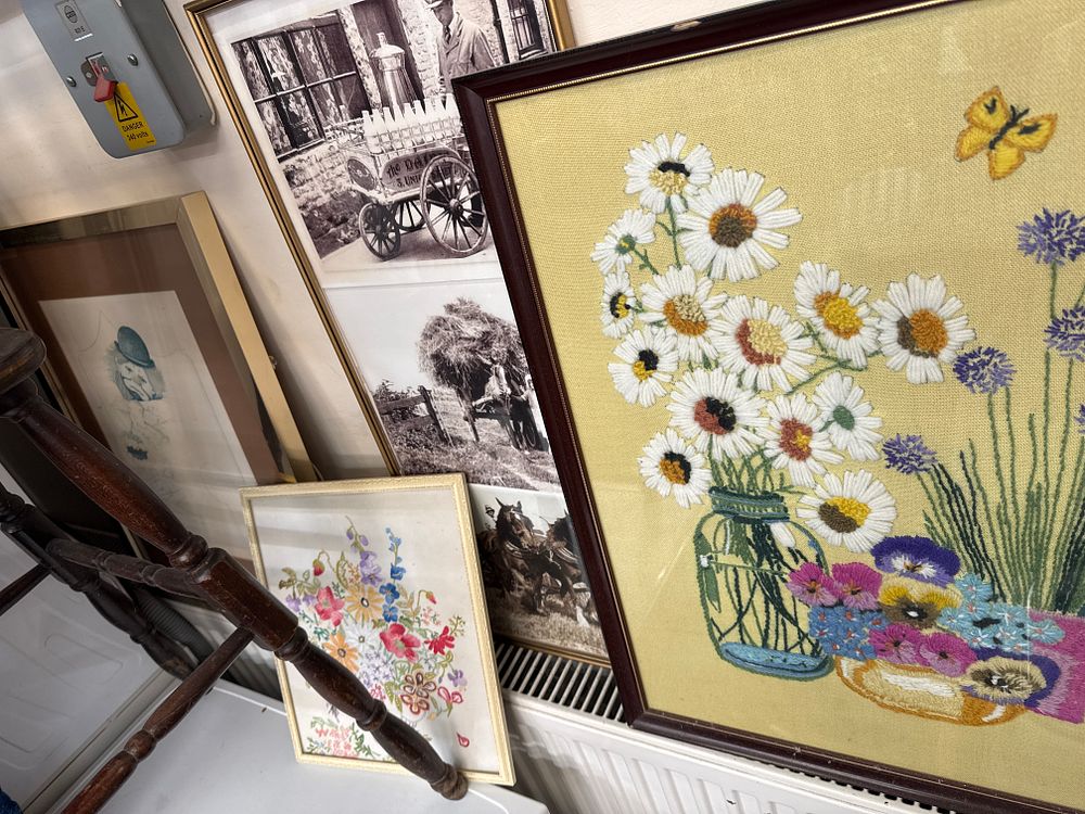 Lot 448: Collection of Framed Needlework, Drawing, and Photographs
