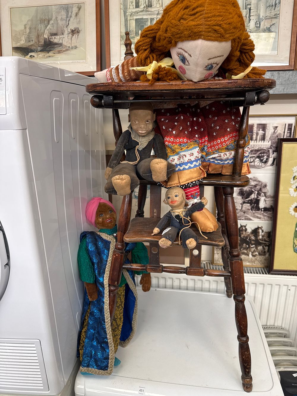 Lot 449: A Wooden Childs High Chair and Collection of Cloth Dolls