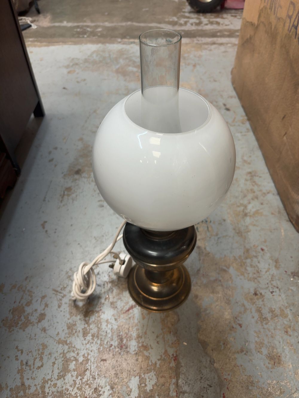 Lot 463: Victorian Style Brass Converted Oil Table Lamp with Milk Glass Globe Shade