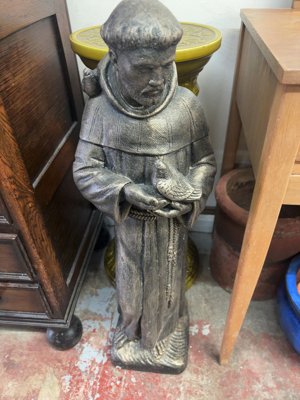 Lot 477: A Saint Francis Garden Statue and a Majolica Style Ceramic Pedestal