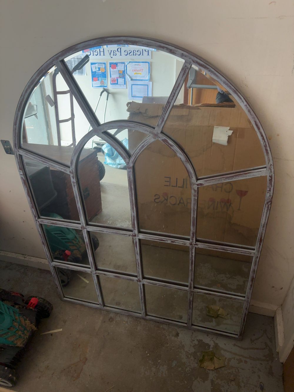 Lot 488: Large Arched Window-Pane Wall Mirror in a Distressed Grey and White Finish