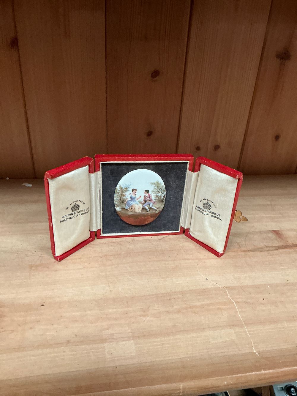 Lot 110: Mappin & Webb Ltd Miniature Triptych Folding Case with Rococo Style Porcelain Plaque