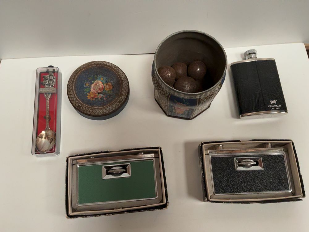 Lot 187: An Assortment of Vintage Collectables and Decorative Items including a Metamec Mantel Clock, Folding Opera Glasses, and a Silver-Plated Tray