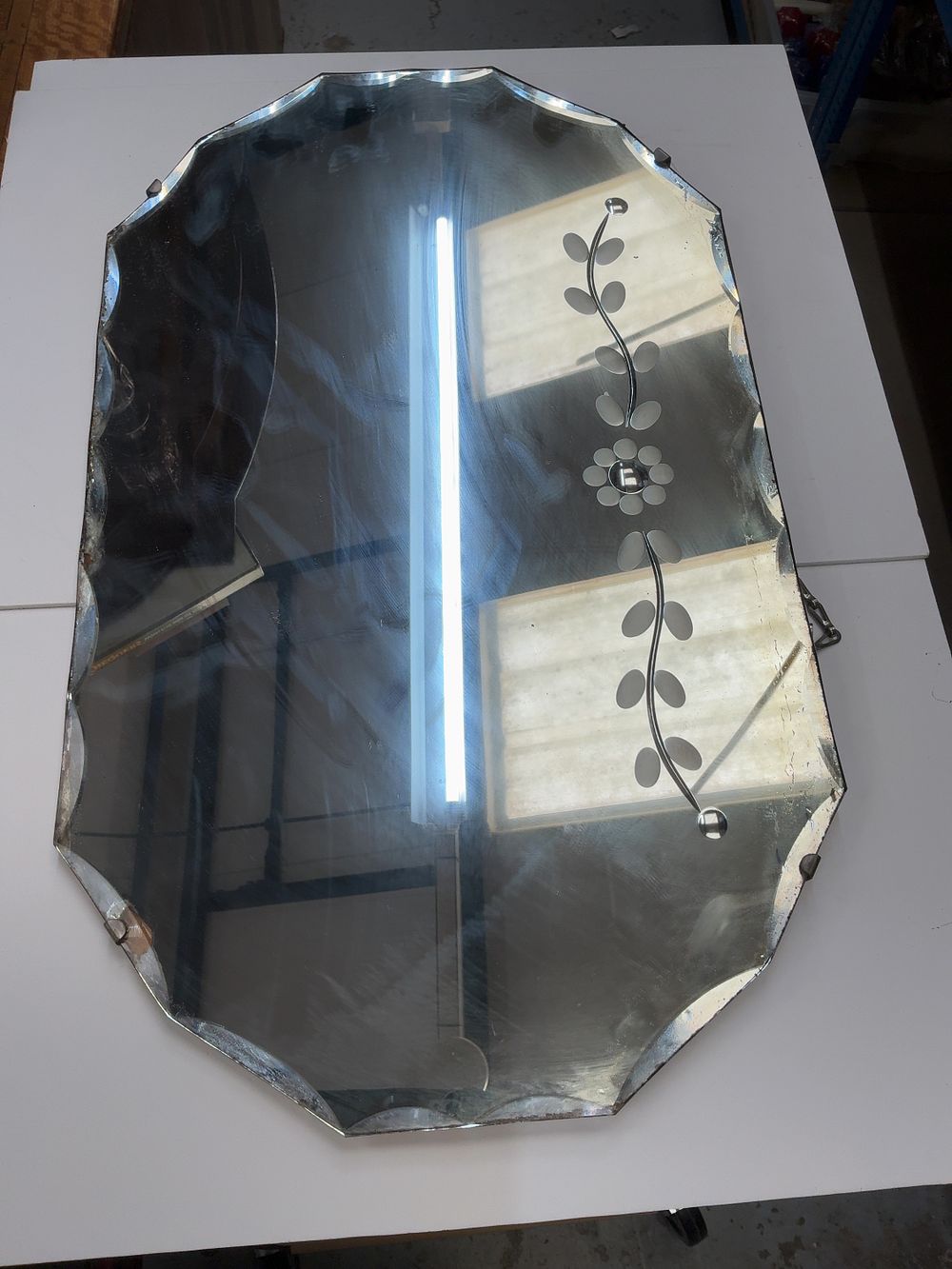 Lot 220: Art Deco Style Frameless Scalloped Edge Wall Mirror with Etched Floral Motif
