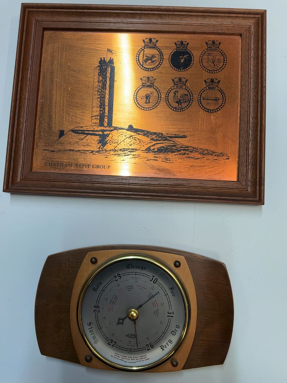 Lot 238: Two Items of Maritime Interest comprising a Royal Navy Chatham Refit Group Plaque and a Metamec Barometer