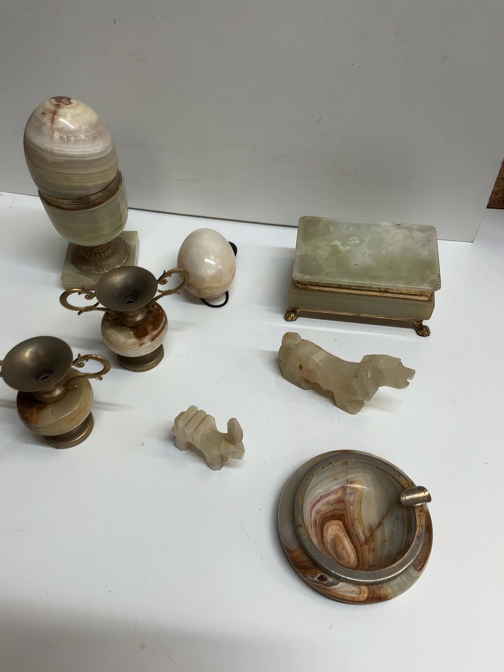 Lot 243: A Collection of Vintage Banded Onyx and Gilt Metal Decorative Objects and Smoking Accessories