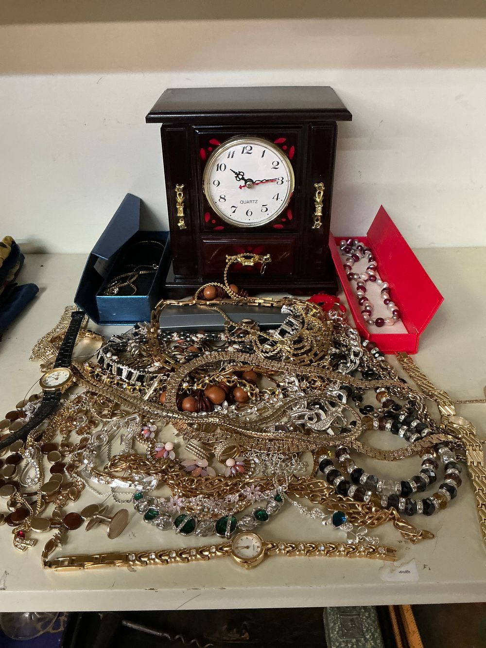 Lot 346: A Collection of Assorted Costume Jewellery, Two Wristwatches, and a Decorative Jewellery Box with Integrated Clock