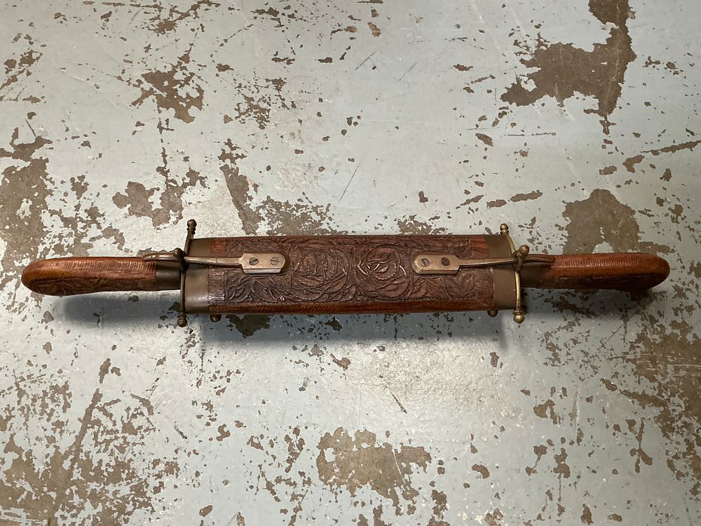 Lot 348: A Vintage Indian Hand Carved Wood and Brass Carving Set