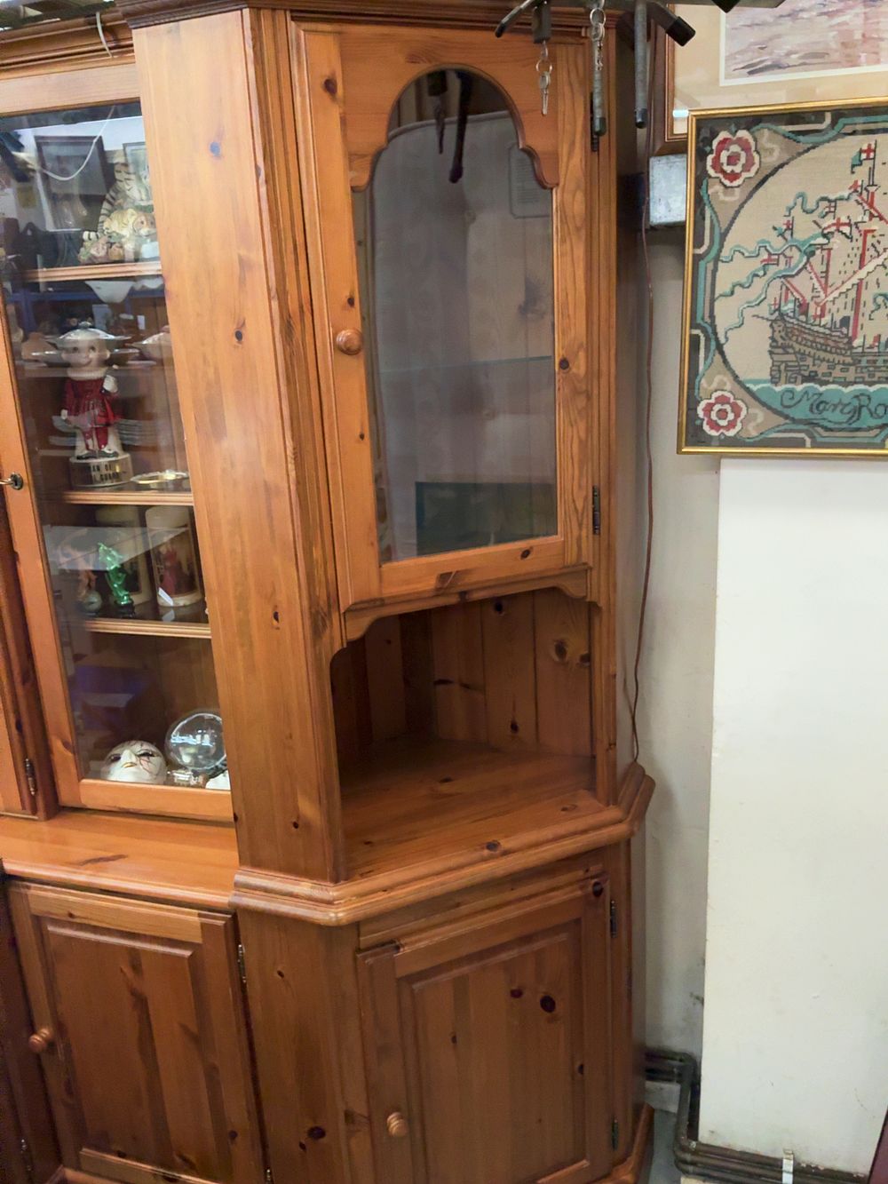 Lot 404: Pine Corner Display Cabinet in a Farmhouse Style