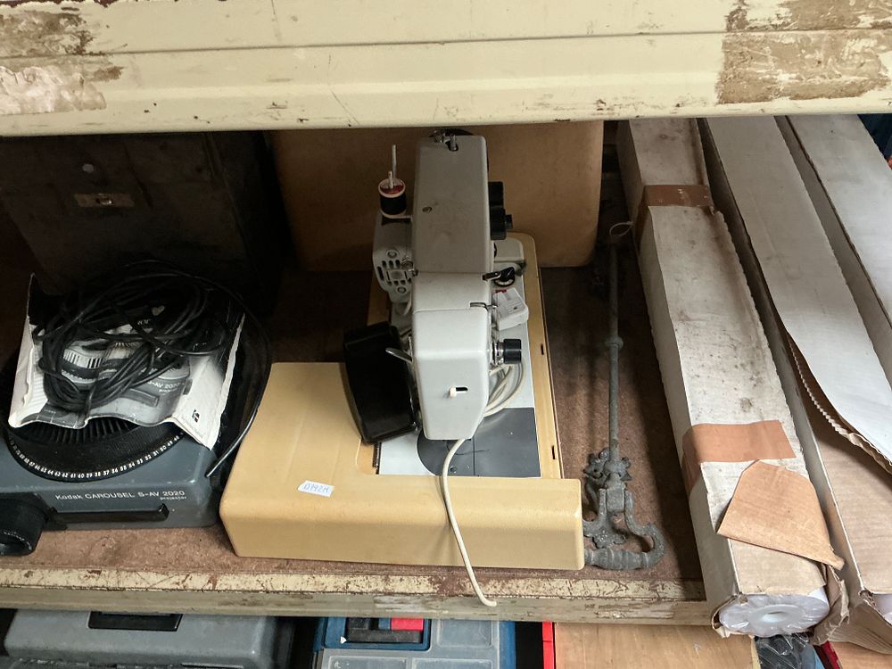Lot 333: A Kodak Carousel S-AV 2020 Slide Projector and an Assortment of Workshop, Household Items and rolls of white paper.