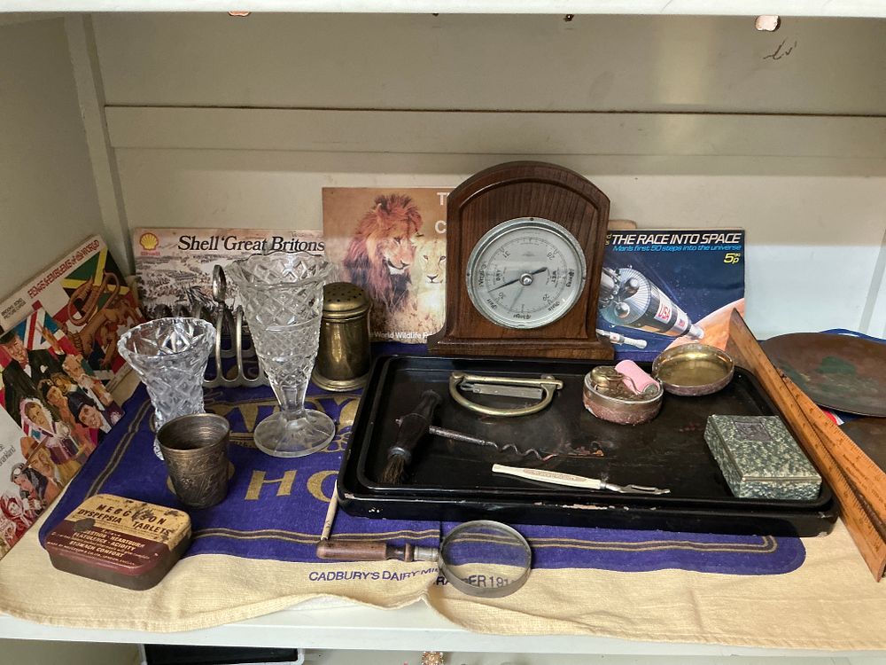 Lot 341: An Assortment of Vintage Household Collectables, Metalware, and Ephemera
