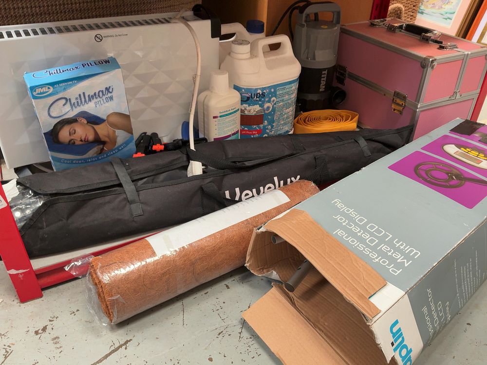 Lot 354: An Assortment of Household, Maintenance, and Hobby Goods Including a Convector Heater, Submersible Pump, and Metal Detector