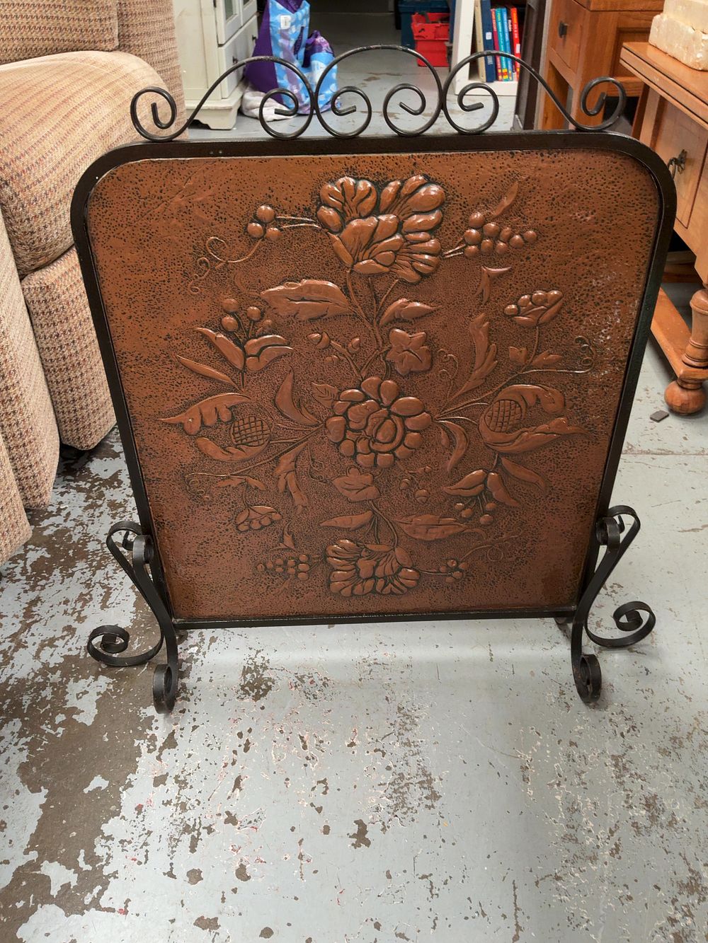 Lot 361: Arts and Crafts Style Wrought Iron and Repousse Copper Firescreen