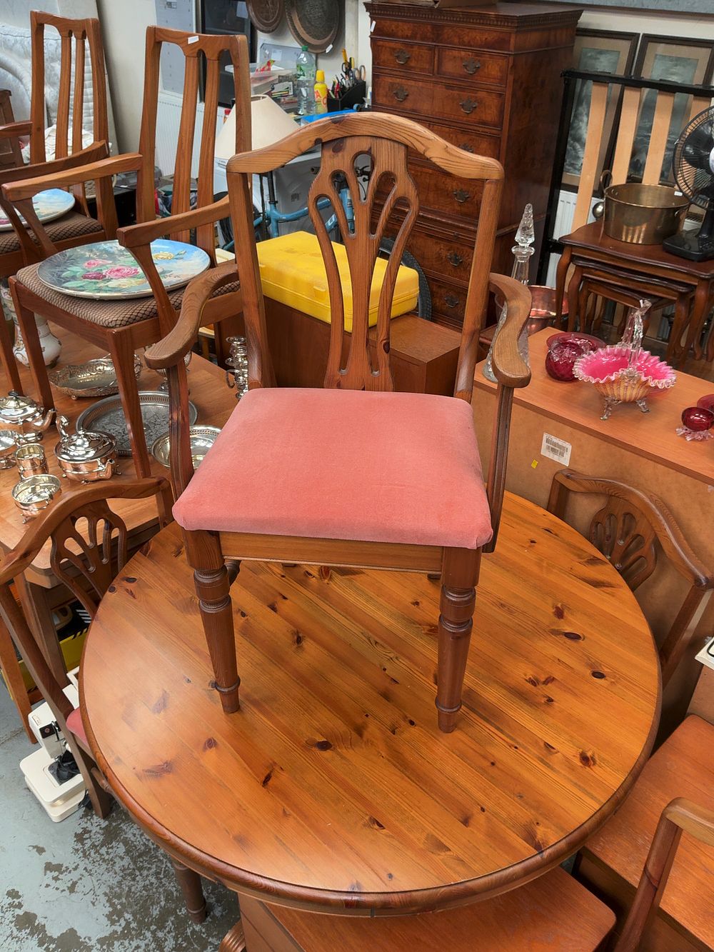 Lot 363: A Pine Pedestal Dining Table and Set of Six Matching Chairs