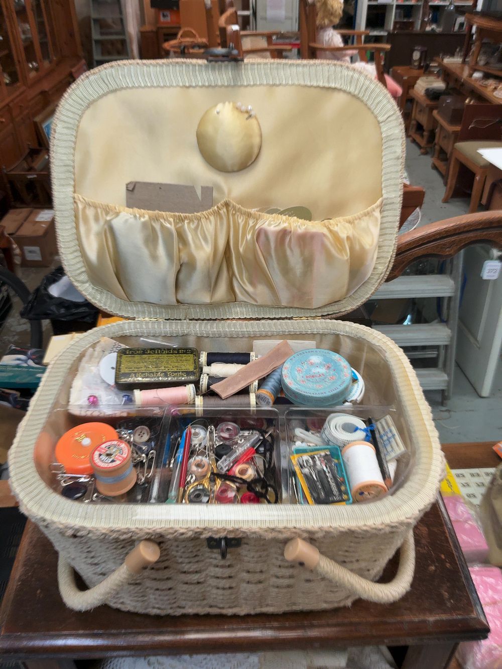 Lot 373: A Vintage Wicker Sewing Basket with Mallard Duck Tapestry Lid and a Collection of Sewing Notions and Textiles