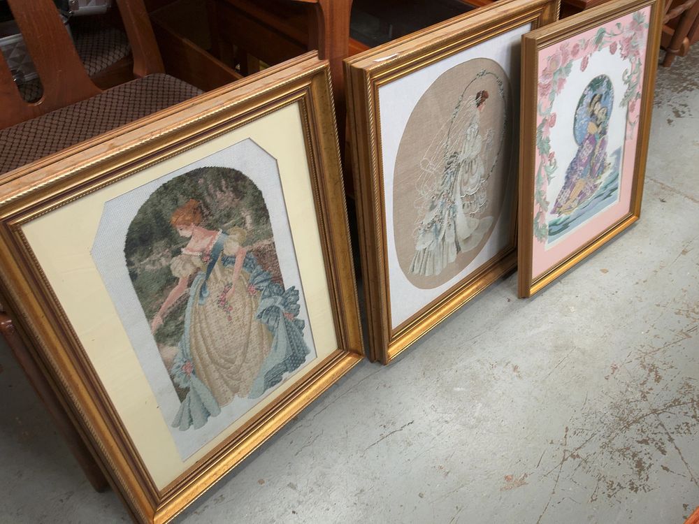 Lot 376: A Collection of Framed Needlework Pictures Attributed to Lavender and Lace and Assorted Landscape Paintings
