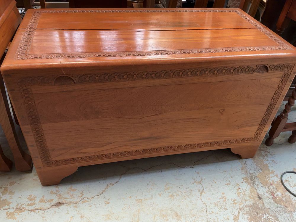 Lot 377: Mid-20th Century Carved Camphor Blanket Chest with Internal Sliding Tray