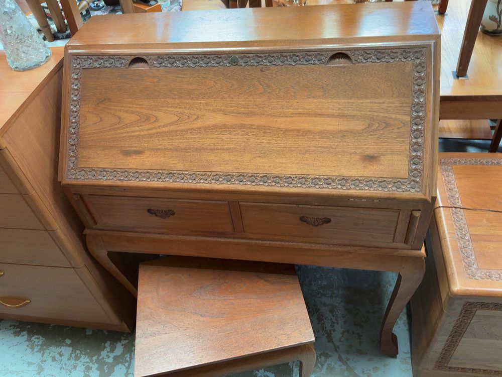 Lot 382: Mid-20th-Century Teak Bureau on Stand with Matching Stool