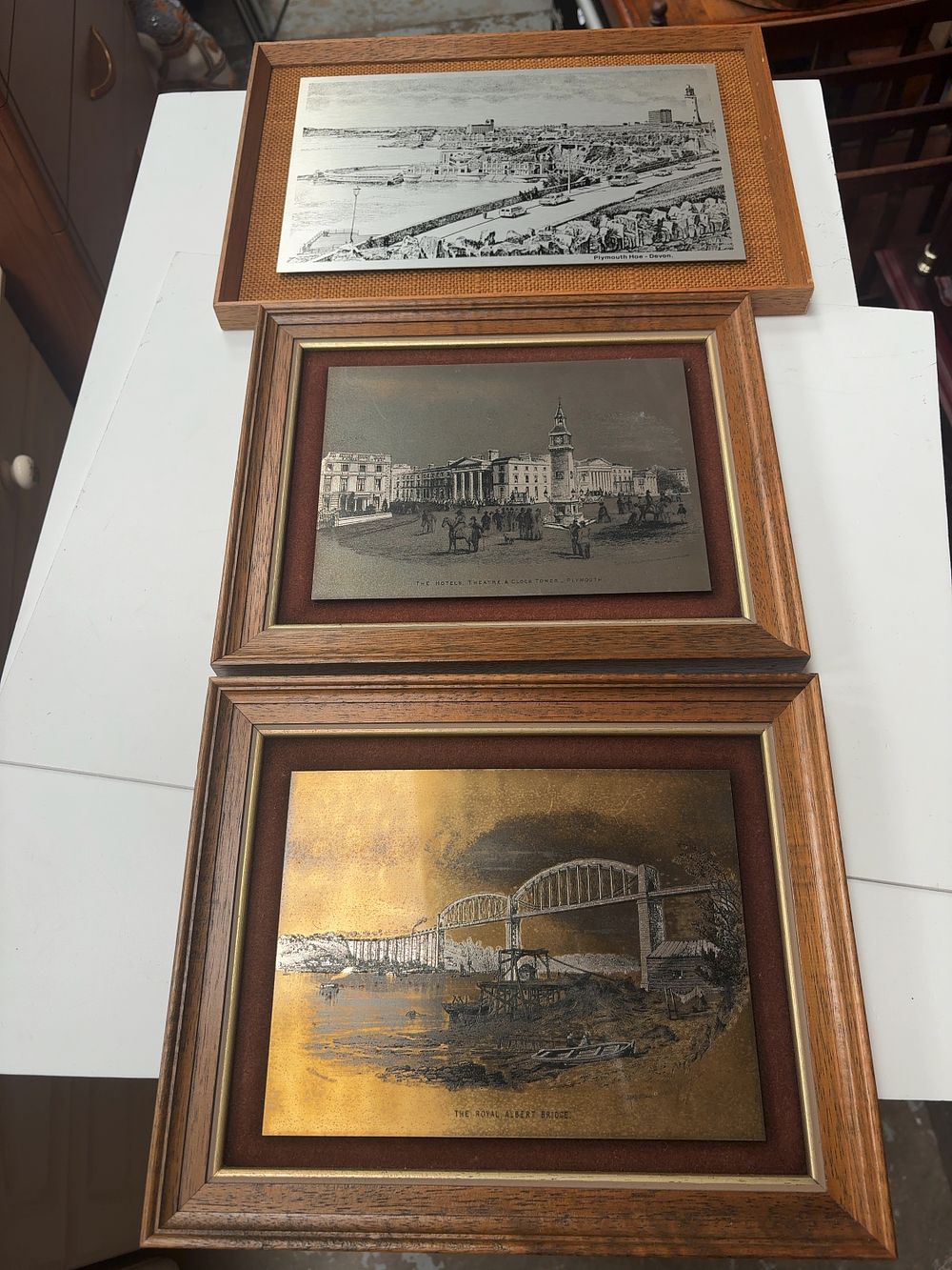 Lot 423: A Trio of Framed Etched Metal Plaques Depicting Plymouth Hoe and the Royal Albert Bridge