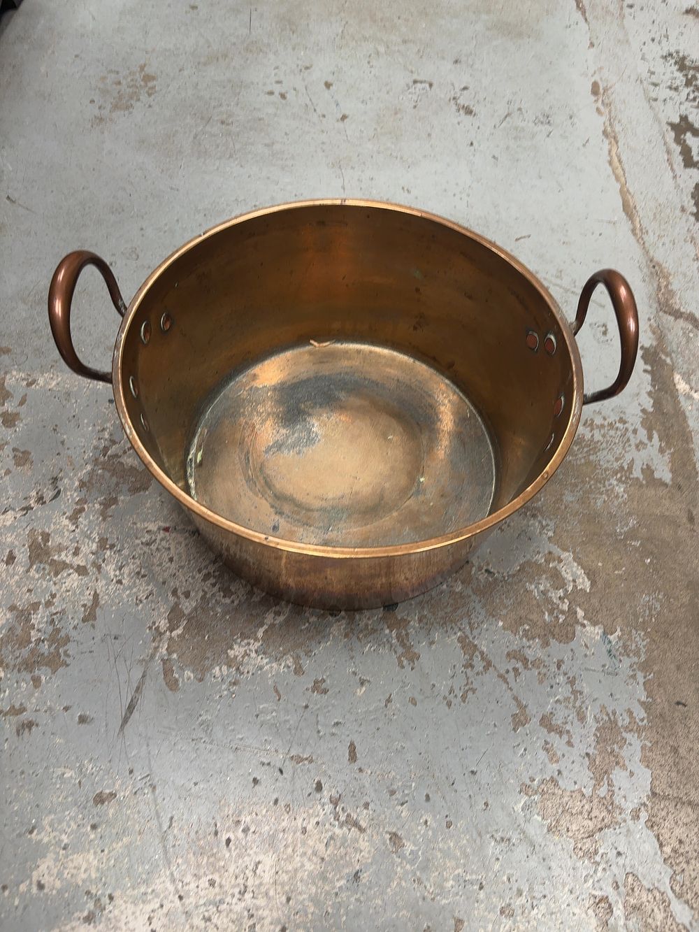 Lot 425: Large 19th Century Copper Preserving Pan with Twin Loop Handles and W Monogram