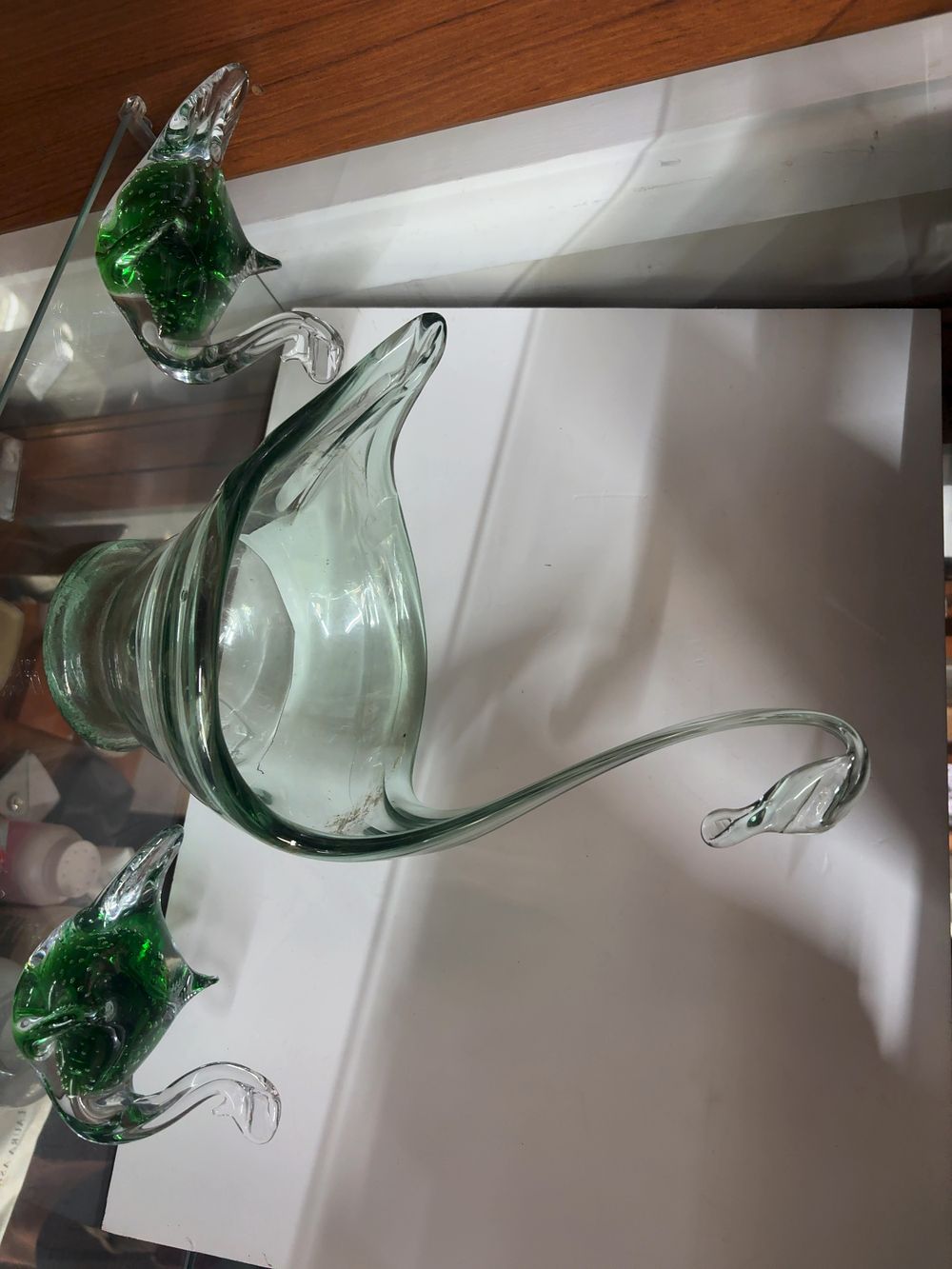 Lot 463: A Trio of Green Art Glass Swan Figures Including a Large Centrepiece Bowl