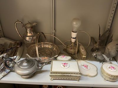 An Assortment of Antique Metalware, Silver-Plated Serving Pieces, Flatware, and a Mid-Century 
