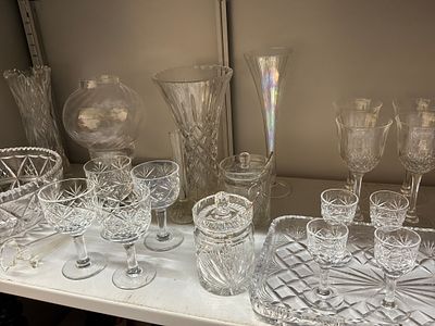 A Collection of Cut and Pressed Glassware including Vases, Stemware, and Serving Pieces. This 